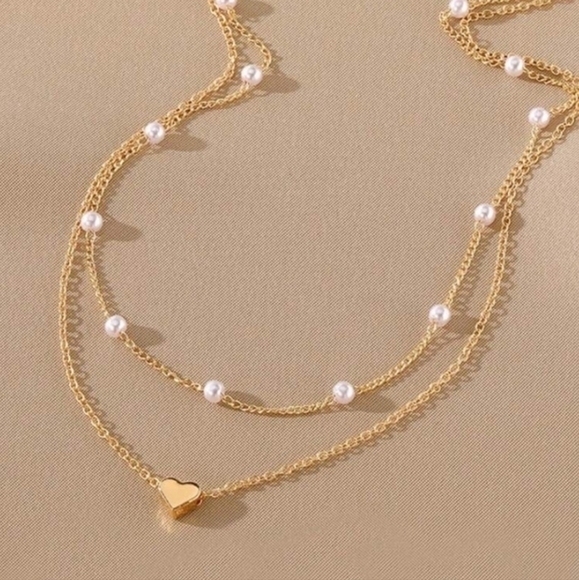 Jewelry - 14K Gold Plated Layered Heart Charm and Pearl Necklace